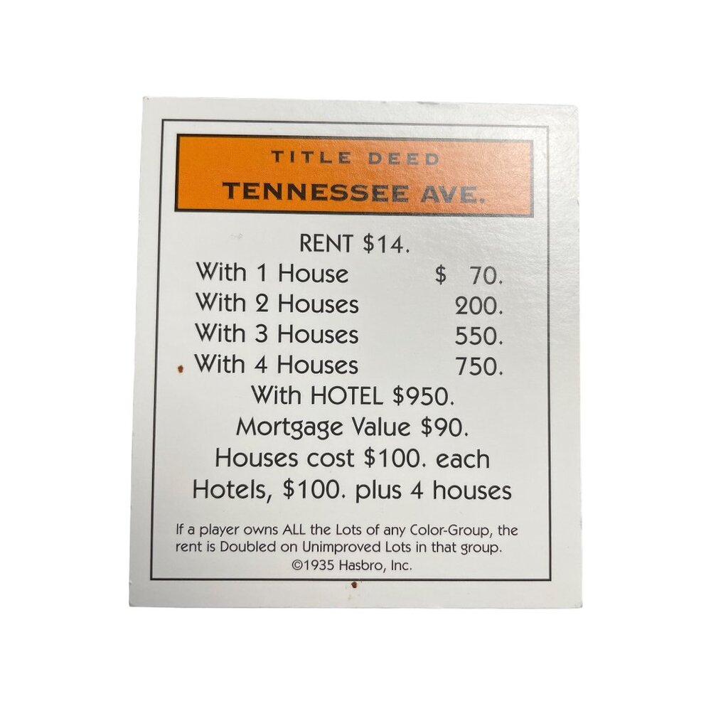 Monopoly Classic Tennessee Ave Property Title Deed Card Replacement u